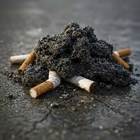 Cigarette butts in ashtray on black background.の素材