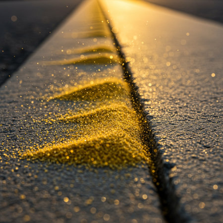 Yellow snowflakes on the asphalt road. Shallow depth of field.の素材