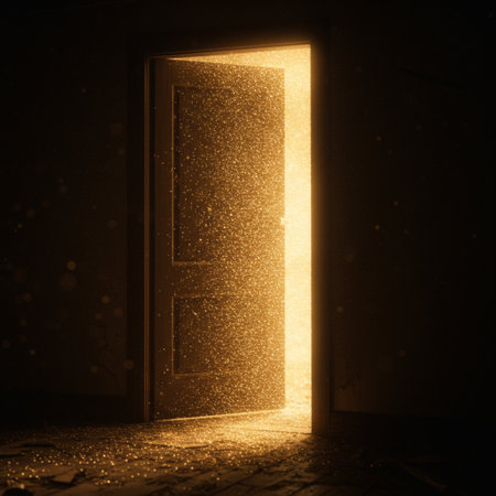 Door with light coming from the door. 3D rendering.の素材