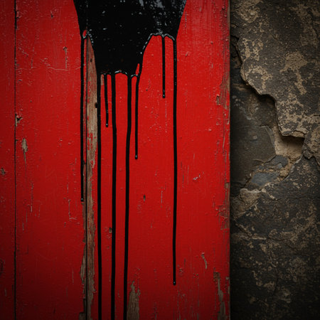 Grunge red background with black paint dripping on old wooden wallの素材
