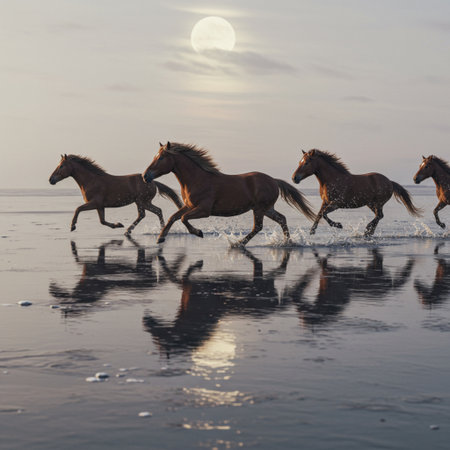 Horses running on the beach at sunset in winter, Poland.の素材