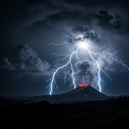 Lightning strike on a mountain peak. 3D Rendering.の素材