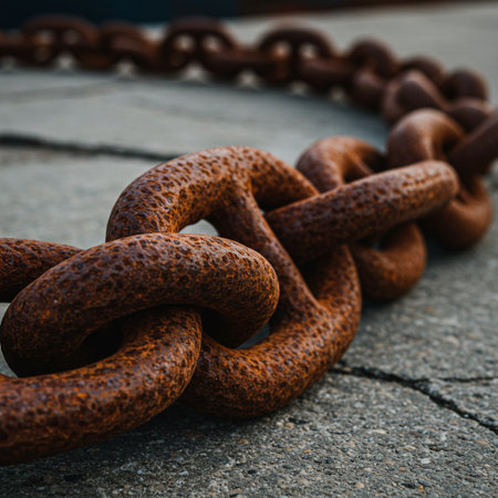 Rusty chain on the ground. Selective focus. Shallow depth of fieldの素材