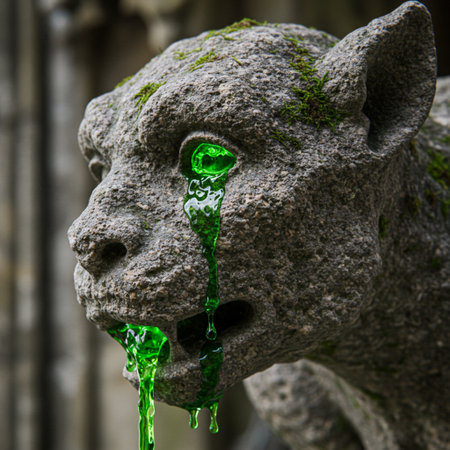 Stone sculpture of the head of a lion with green water dripping from the mouthの素材