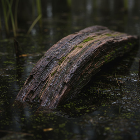 old log in the water, closeup of photo with shallow depth of fieldの素材