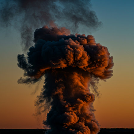 Big chimney of a nuclear power plant with black smoke at sunsetの素材