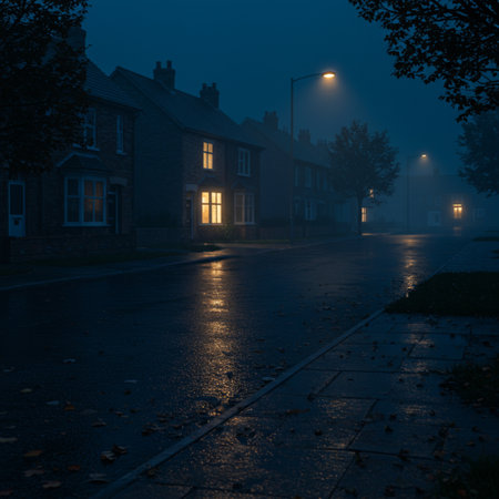 Old houses in the fog at night in the city. Long exposure.の素材