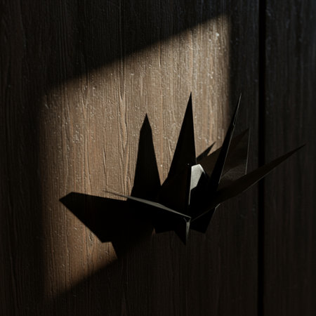 Paper origami bird on a wooden background. Shadow from the window.の素材