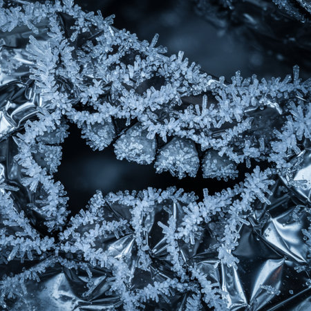 Macro of ice crystals on a frozen branch. Blue tonedの素材
