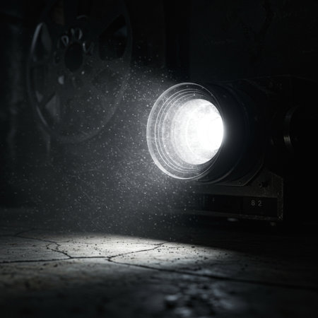 Movie projector in dark room with lights and smoke. Film industry concept. Selective focusの素材