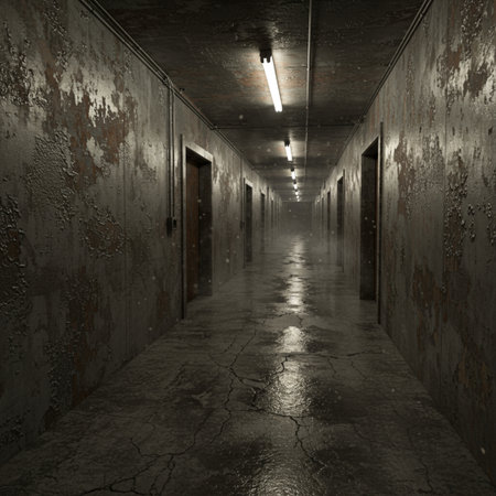 3d rendering of an old corridor in a dark abandoned building.の素材