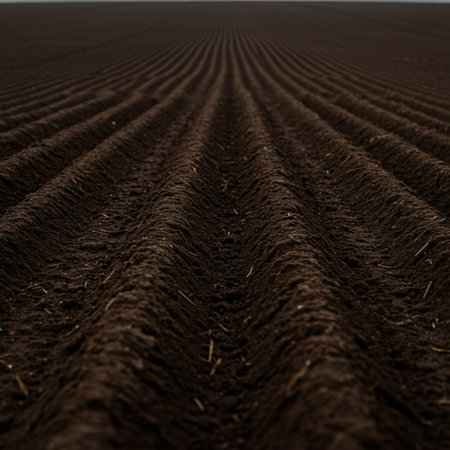 Agricultural field with a freshly ploughed field ready for sowingの素材