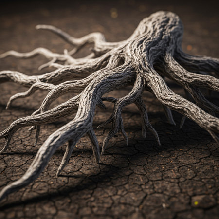Dry tree roots on cracked soil background. Conceptual image.の素材