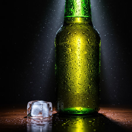 Green bottle of beer with ice cubes on wooden table with dark backgroundの素材