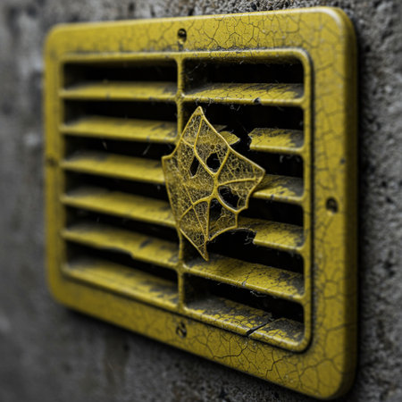 A closeup shot of an old yellow fire alarm on a concrete wallの素材