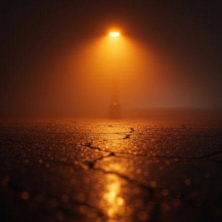 Light from a street lamp on a foggy winter morning. Abstract background.の素材