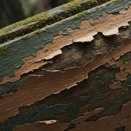 Close-up of old wooden surface with peeling green paint.の素材