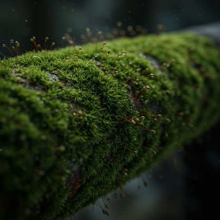 Green moss on a tree trunk in the rainforest. Selective focus.の素材