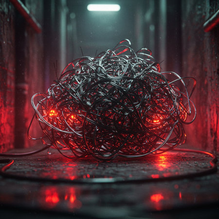 Close-up of tangled wires in a dark room with red lightの素材