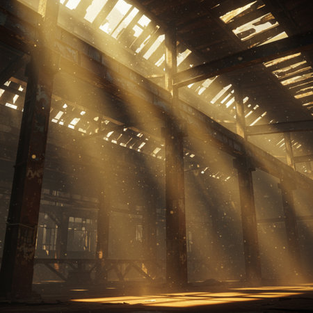 Abandoned industrial building in the sun with rays of light.の素材