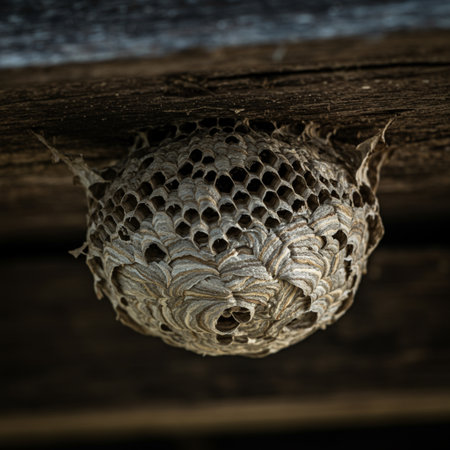 Wasp nest on a wooden background. The nest of a family of wasps which is taken a close-up.の素材