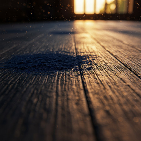Snowfall on a wooden floor. Winter background. Selective focus.の素材