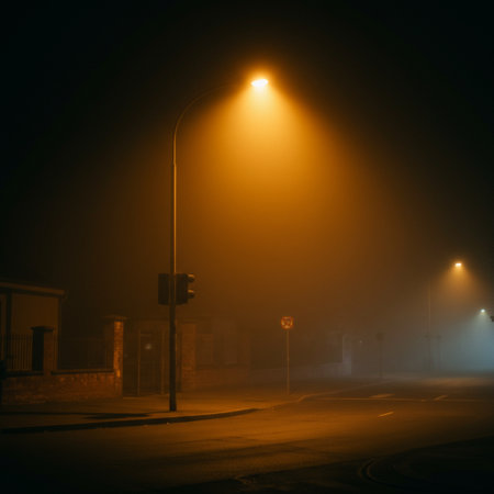 Foggy street at night with lights in the background. Toned.の素材