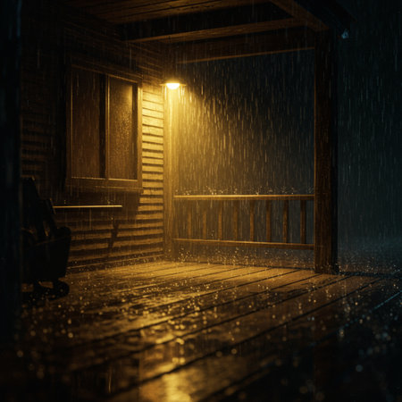 3D rendering of an old wooden door in a dark room with rain.の素材