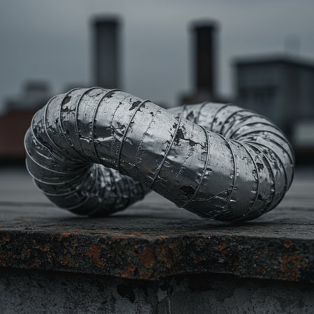 Abandoned steel pipe on the background of a smoking chimneyの素材