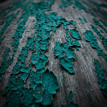 Old wood background with peeling paint. Shallow depth of field. Toned.の素材
