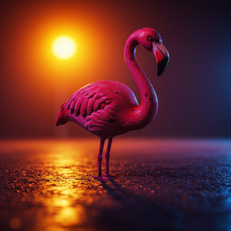 Flamingo on the road at sunset. 3d rendering.の素材