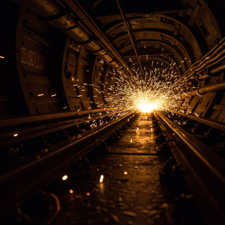 Welding in a steel mill. Sparks fly to the sides.の素材