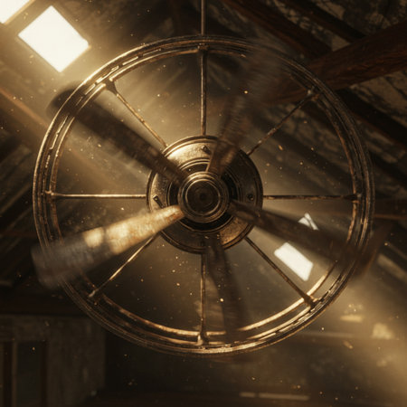 Old wooden wheel in a dark room with rays of light. 3d renderingの素材