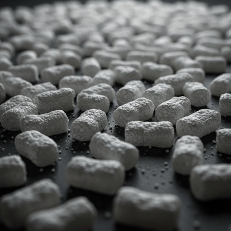 Heap of white marshmallows on black background. Selective focus. Toned.の素材