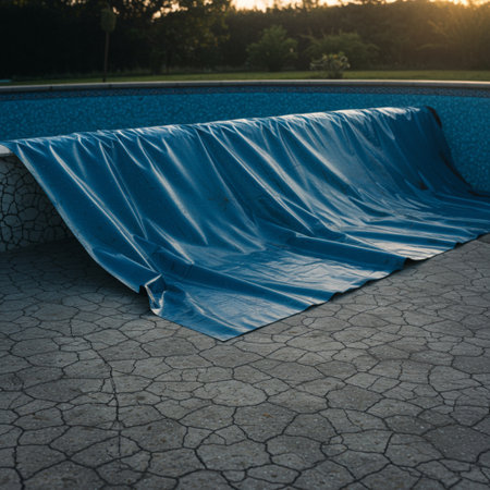 A roll of blue waterproof fabric on the edge of a swimming pool.の素材