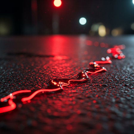 Red traffic lights on wet asphalt at night. Abstract blurred background.の素材