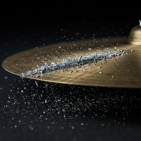 closeup of a cymbal on a black background with sparklesの素材