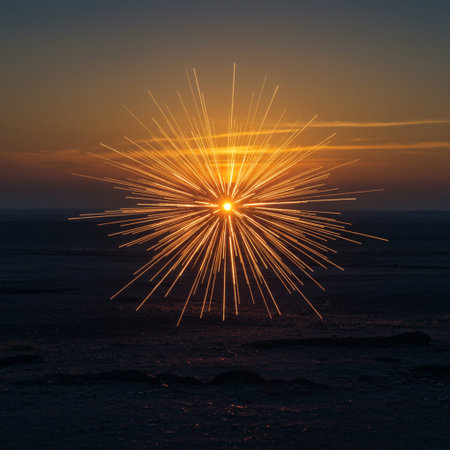 Beautiful fireworks in the sky at sunset over the sea in winterの素材