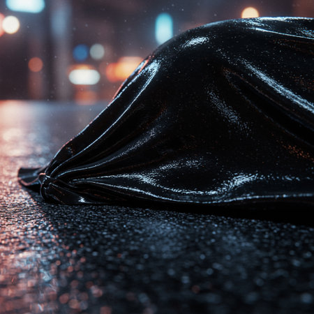 Close-up of a black cloth on a wet road in the cityの素材