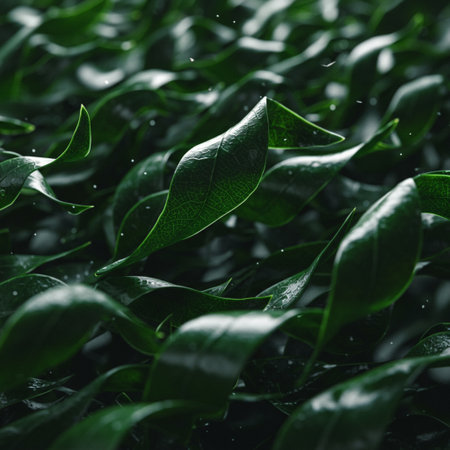 Close up of fresh green tea leaves with dew drops. Selective focus.の素材