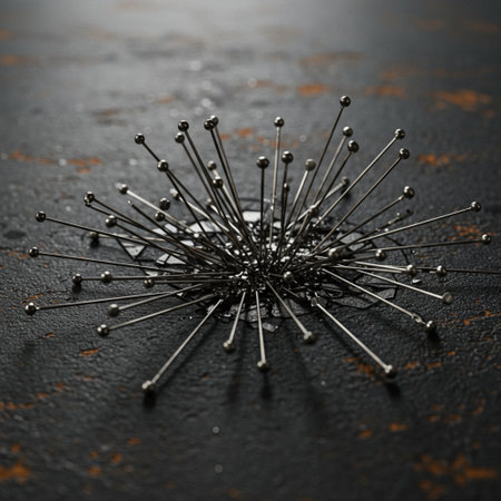 Black sewing pins on a dark background. Shallow depth of field.の素材