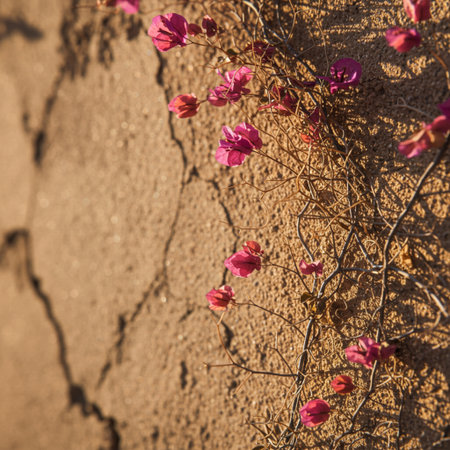 Bougainvillea flowers on the background of dry soil.の素材