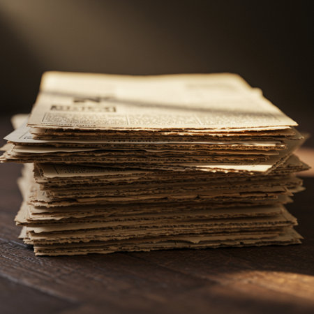 Stack of old newspapers on a wooden table. Shallow dof.の素材