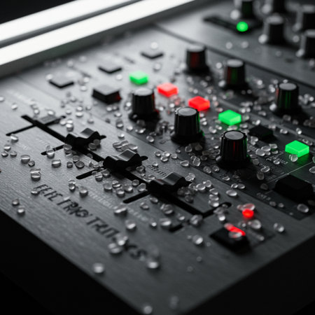 Close up shot of a mixer control panel with faders and buttonsの素材