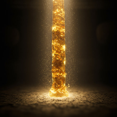 Falling gold particles in dark room. 3D render illustration.の素材