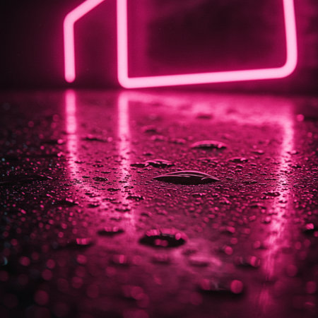 Rain drops on metal surface with pink neon light. Abstract background.の素材