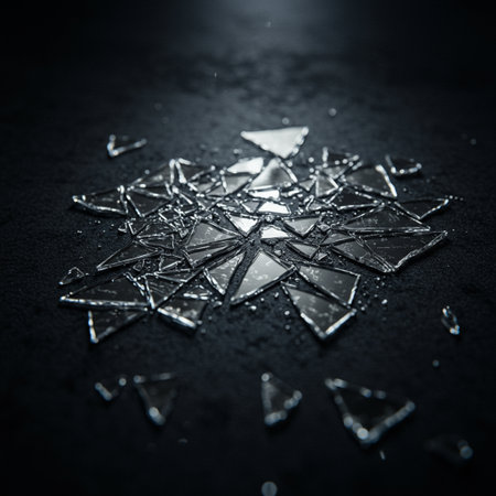 Broken glass on black background. Shallow depth of field. Toned.の素材