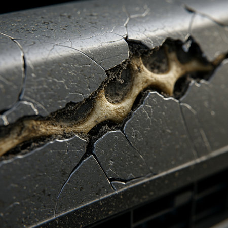 Close-up of cracked black car body. Shallow depth of field.の素材