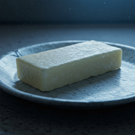 A piece of white soap on a plate. Selective focus. Toned.の素材