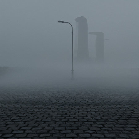 Mysterious foggy city street with street lamp in the foregroundの素材